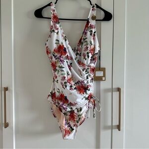 Red and White Floral One Piece Swim